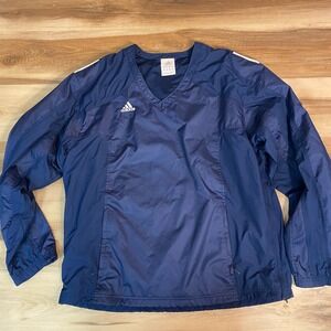 Vintage Adidas Men's Navy Blue V Neck Lightweight Pullover Jacket Large Y2K
